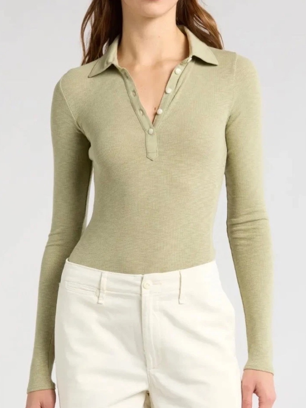 Rag & Bone Long Sleeve Ribbed Rib Polo Shirt in Sage Green Small $175